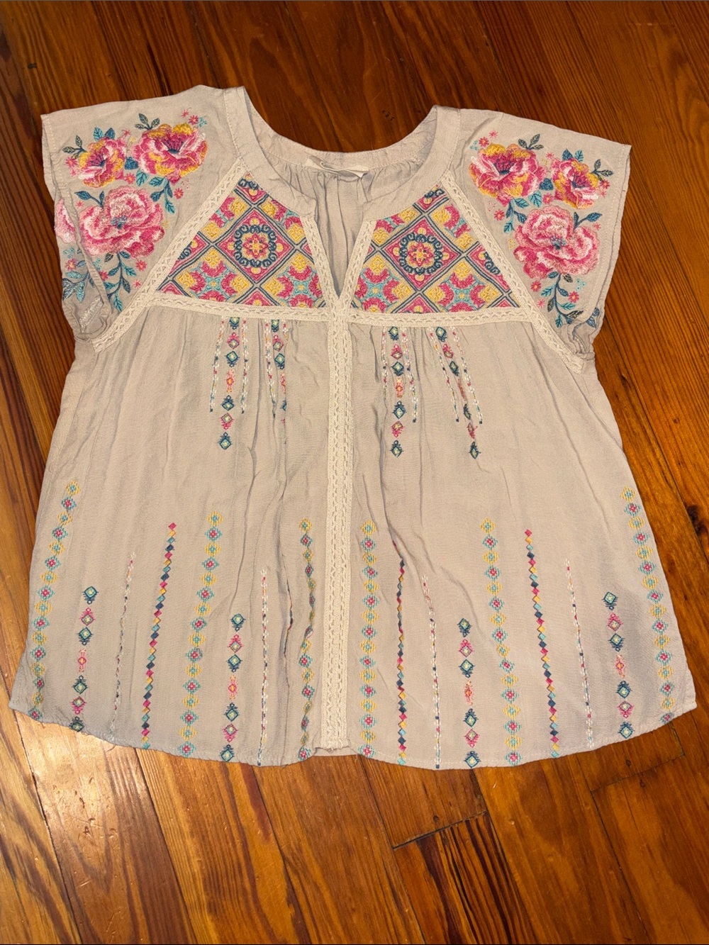 Cream Embroidered Boho Tunic Top with Floral Accents